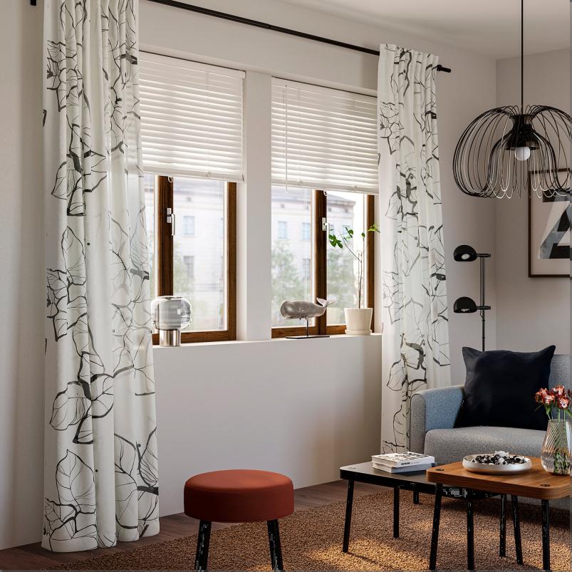 PELARKÖRSBÄR ペラルショルスベル 遮像・採光カーテン 1組 - ホワイト/ブラック フローラルパターン/ヘディングテープ付き 145x250 cm