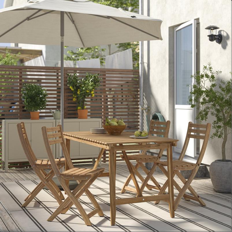 ASKHOLMEN アスクホルメン テーブル＋折りたたみチェア4 屋外用 - アカシア材 143x75cm