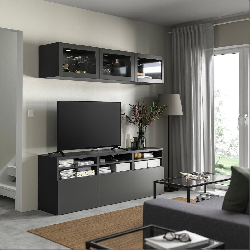BESTA ベストー テレビボード/ガラス扉 - ダークグレー シンドヴィーク/ラップヴィーケン ダークグレー 180x42x192cm