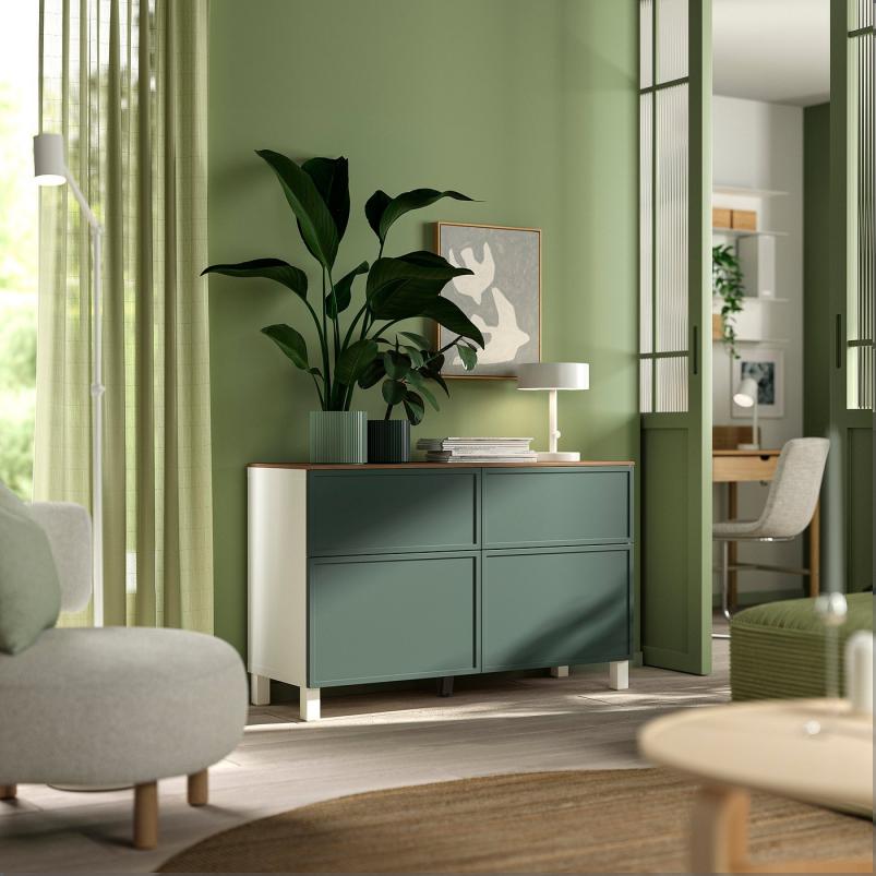 BESTA ベストー 収納コンビネーション 扉/引き出し付き - ホワイト/クルークマカーレ ダークグレーグリーン 120x42x75cm