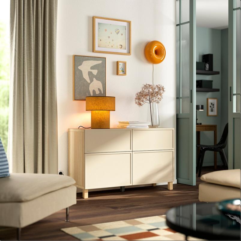 BESTA ベストー 収納コンビネーション 扉/引き出し付き - ホワイトステインオーク調/クルークマカーレ ベージュ 120x42x74cm