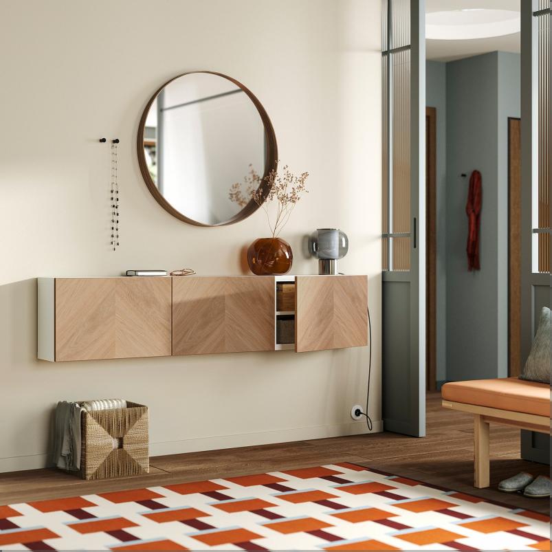 BESTA ベストー 壁取り付け式キャビネットコンビネーション - ホワイト/ヘデヴィーケン オーク材突き板 180x22x38cm