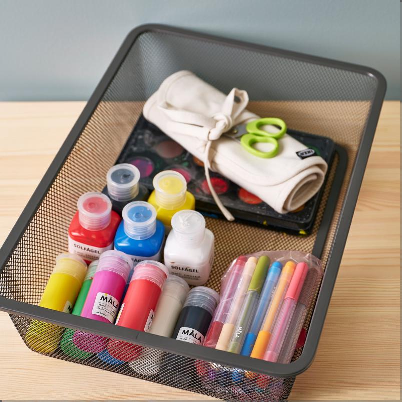 TROFAST トロファスト デスク メッシュ収納ボックス付き - ライトホワイトステインパイン/ダークグレー ダークグレー 124x44x53cm