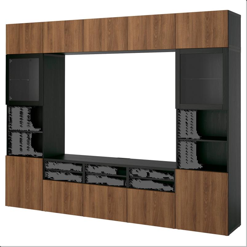 BESTA ベストー テレビボード/ガラス扉 - ブラックブラウン ラップヴィーケン/ウォールナット調 クリアガラス 300x42x231cm