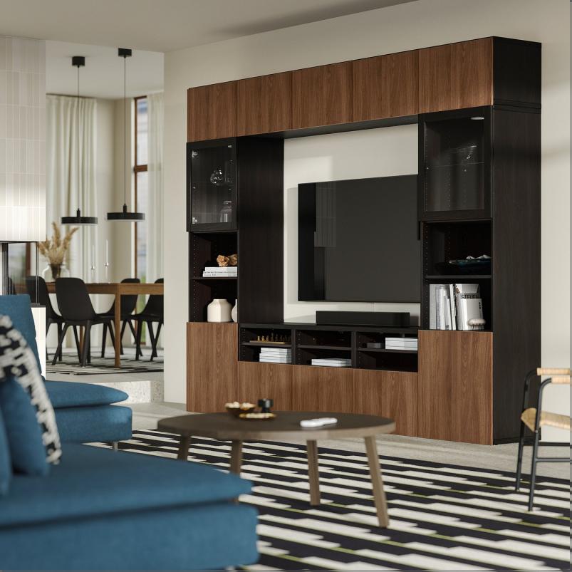 BESTA ベストー テレビボード/ガラス扉 - ブラックブラウン ラップヴィーケン/ウォールナット調 クリアガラス 300x42x231cm