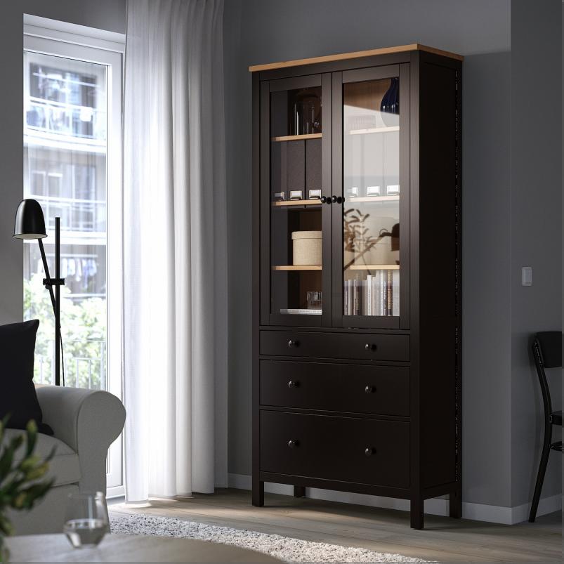 HEMNES ヘムネス コレクションケース（引き出し×3） - ブラックブラウン/ライトブラウン 90x198cm