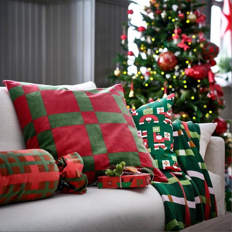 VINTERFINT ヴィンテルフィント クッションカバー - チェック模様 レッド/ダークグリーン 65x65cm