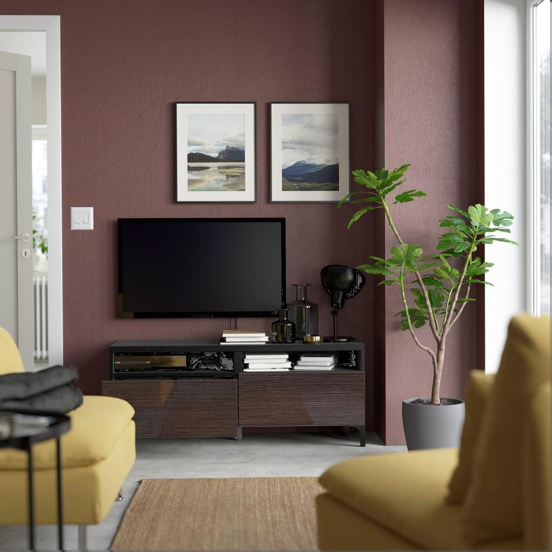 BESTA ベストー テレビ台 引き出し付き - ブラックブラウン/セルスヴィーケン ハイグロスブラウン 120x42x48cm
