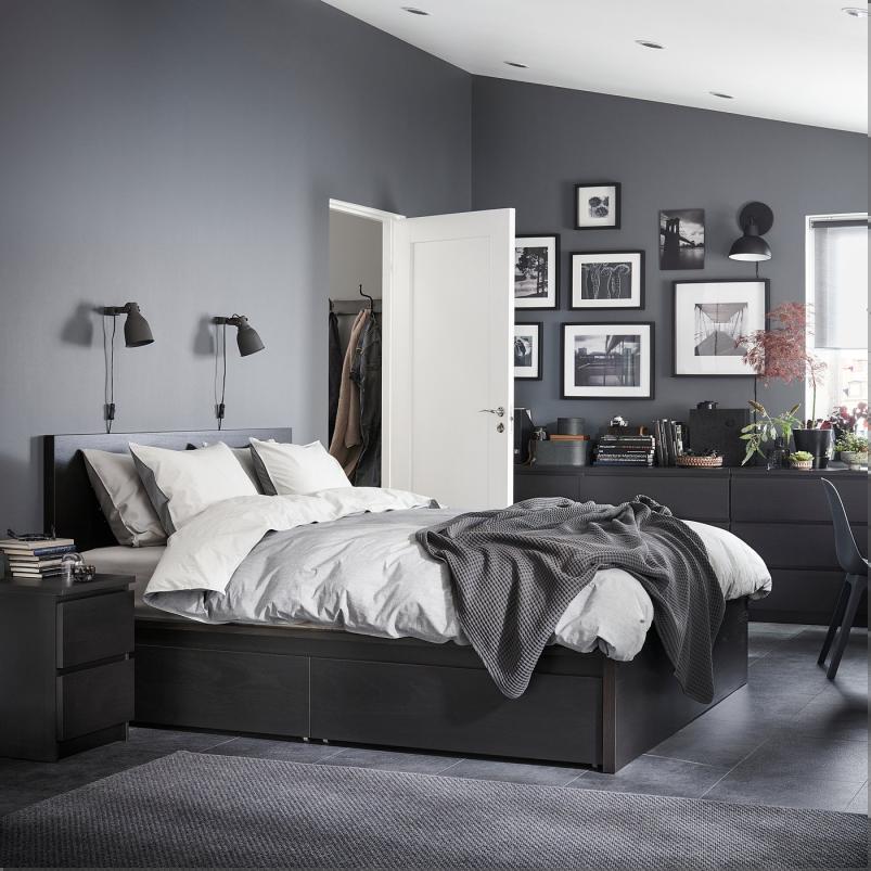 MALM マルム ベッドフレーム 収納ボックス2個付き - ブラックブラウン 140x200cm