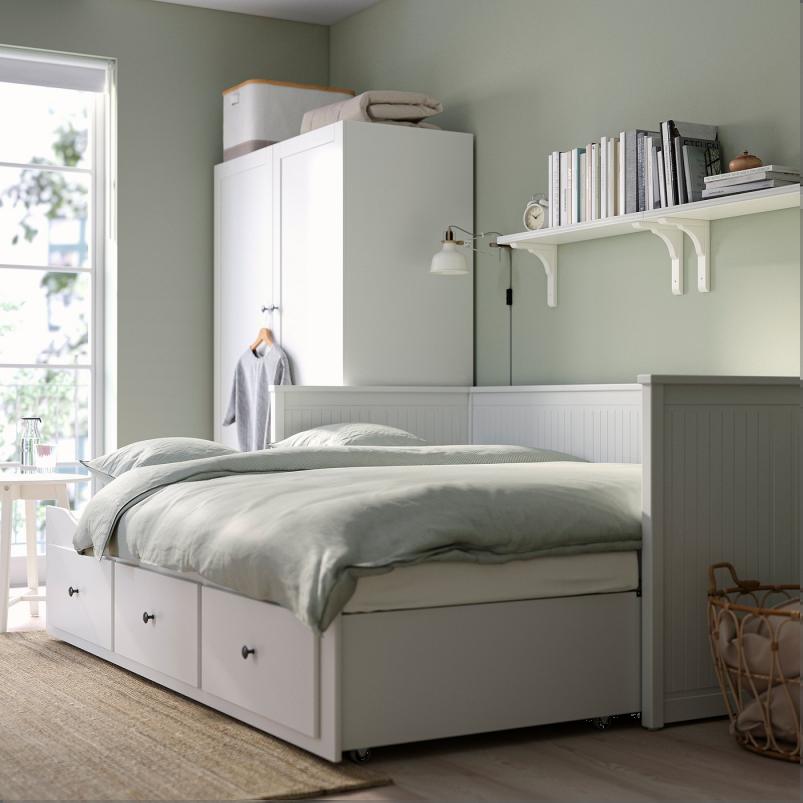 HEMNES ヘムネス デイベッド 引き出し3/マットレス2付き - ホワイト/ヴァンナレイド かため 80x200cm