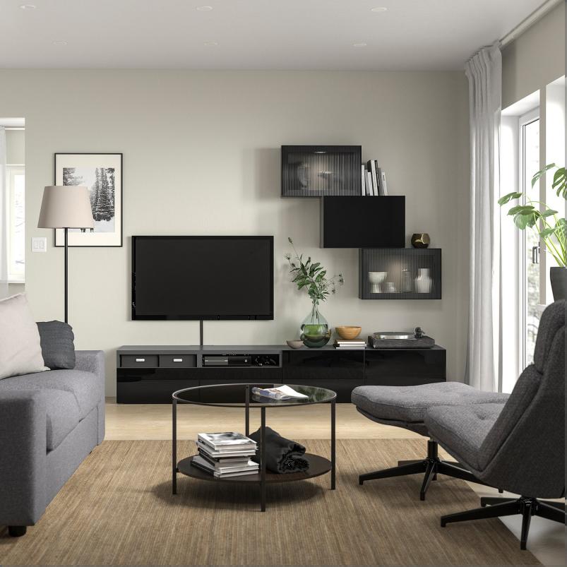BESTA ベストー テレビボード/ガラス扉 - ダークグレー ラップヴィーケン/フェルスヴィーク チャコール 240x42x190cm