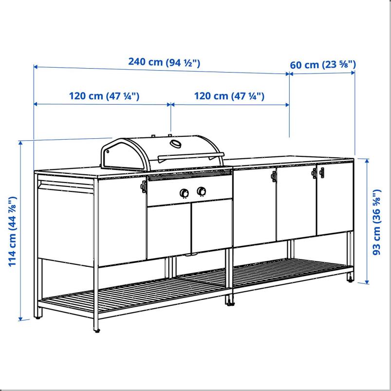 BATSKAR ボートシェール 屋外用キッチン 炭火焼きバーベキューグリル付き - ダークグレー 240x60cm
