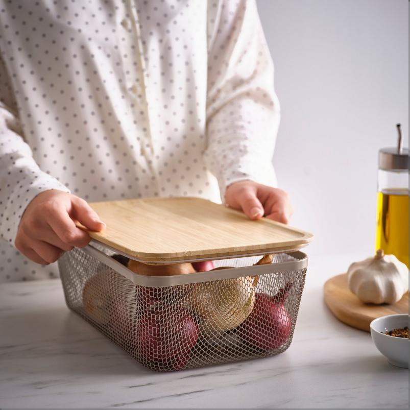 IKEA 365+ 食品保存バスケット ふた付き - 長方形 メタル/ライトグレーブラウン 竹 32x21x13cm