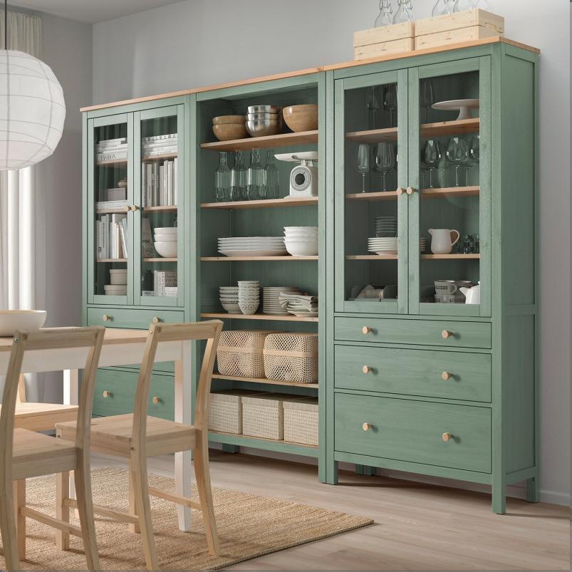 HEMNES ヘムネス 収納コンビネーション 扉/引き出し付き - グレーグリーン/ライトブラウンステイン 270x197cm