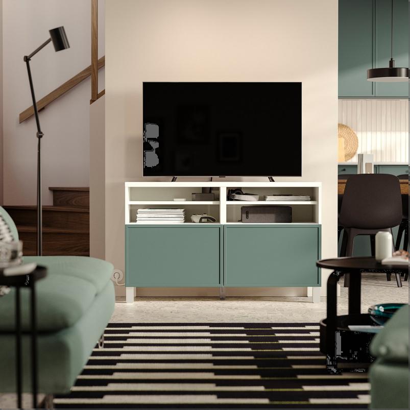 BESTA ベストー テレビ台 扉付き - ホワイト/クルークマカーレ ダークグレーグリーン 120x42x74cm
