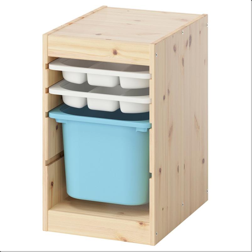 TROFAST トロファスト 収納コンビネーション ボックス/トレイ付 - ライトホワイトステインパイン ホワイト/ライトブルー 32x44x53cm
