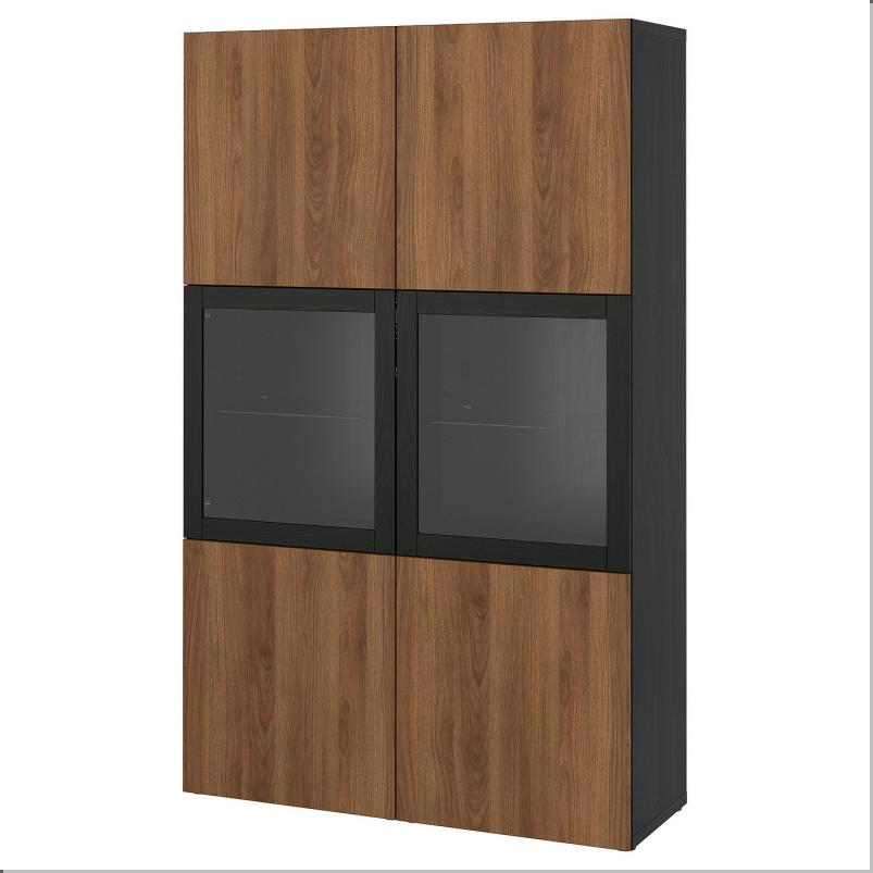 BESTA ベストー 収納コンビネーション ガラス扉付き - ブラックブラウン ラップヴィーケン/シンドヴィーク ウォールナット調 120x42x193cm