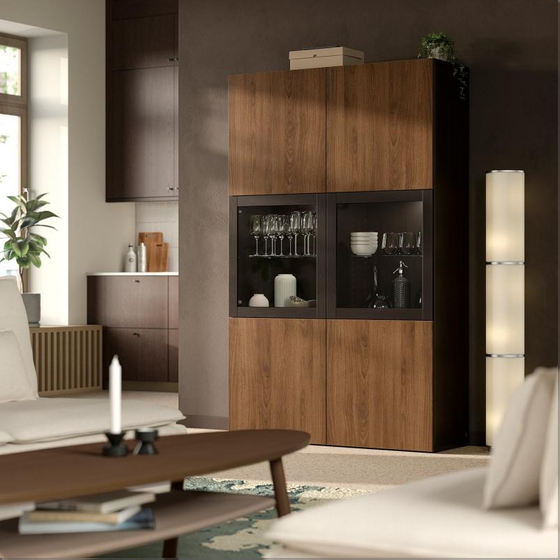 BESTA ベストー 収納コンビネーション ガラス扉付き - ブラックブラウン ラップヴィーケン/シンドヴィーク ウォールナット調 120x42x193cm