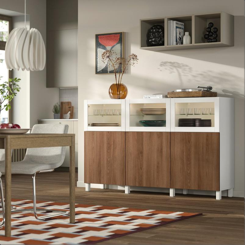 BESTA ベストー 収納コンビネーション 扉付 - ホワイト ラップヴィーケン/シンドヴィーク ウォールナット調 180x42x112cm