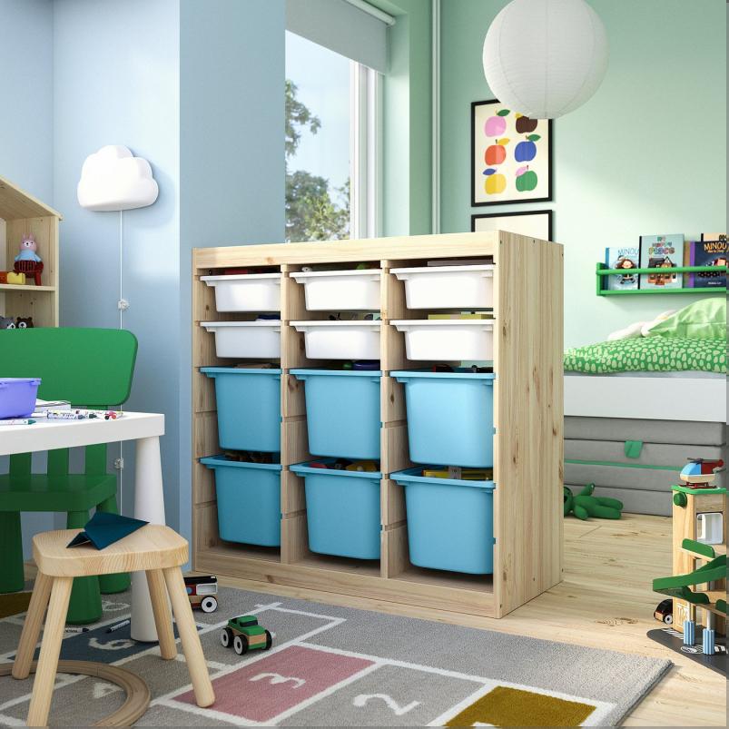 TROFAST トロファスト 収納コンビネーション - ルームディバイダ― ライトホワイトステインパイン/ホワイト ライトブルー 93x44x91cm