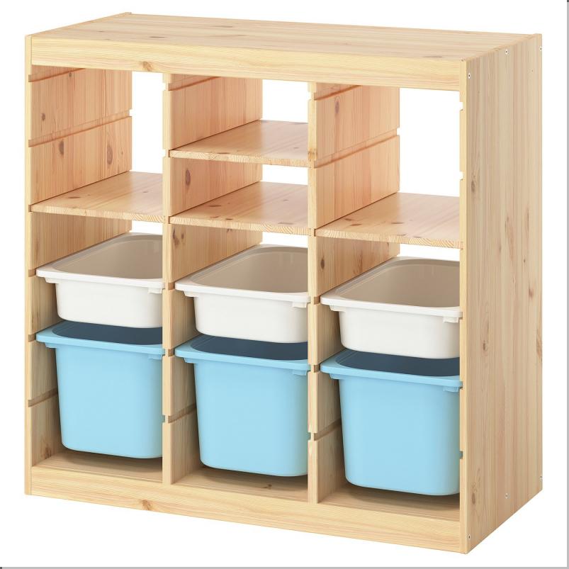 TROFAST トロファスト 収納コンビネーション - 棚/ボックス付き ルームディバイダ―/ライトホワイトステインパイン ライトブルー 93x44x91cm