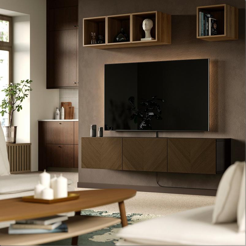 BESTA ベストー テレビ台 扉付き - ブラックブラウン ヘデヴィーケン/ブラウンステイン オーク材突き板 180x42x38cm