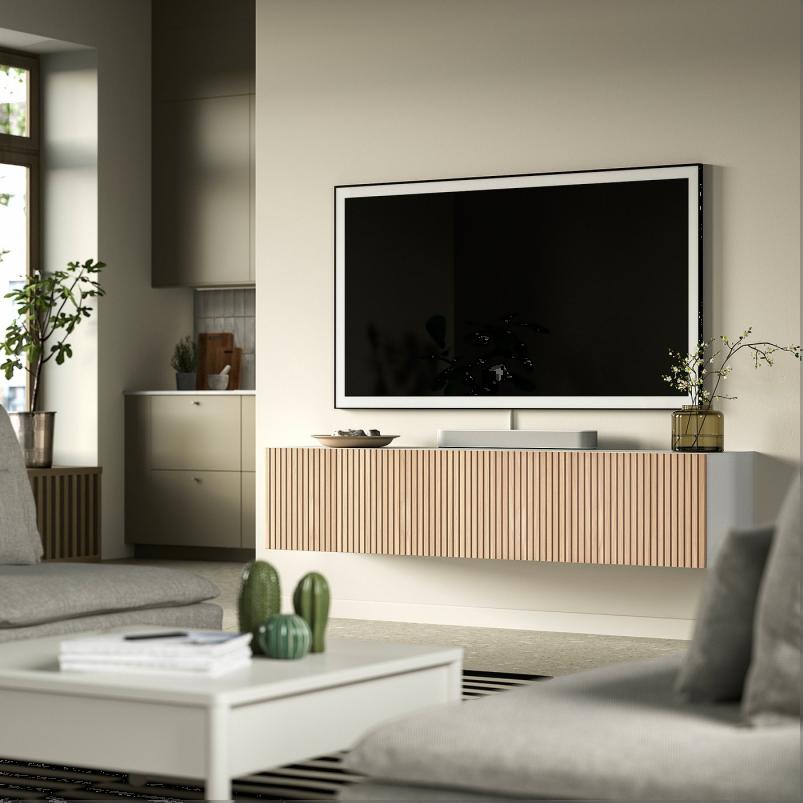 BESTA ベストー テレビ台 扉付き - ホワイト ビョルケヴィーケン/オーク材突き板 180x42x38cm