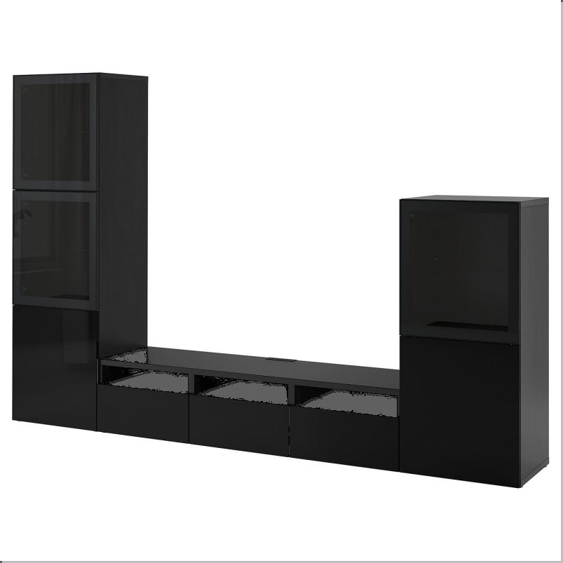 BESTÅ ベストー テレビボード/ガラス扉 - ブラックブラウン/セルスヴィーケン ハイグロス/ブラックスモークガラス 300x42x193 cm