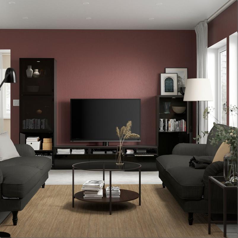 BESTA ベストー テレビボード/ガラス扉 - ブラックブラウン/セルスヴィーケン ハイグロス/ブラックスモークガラス 300x42x193cm