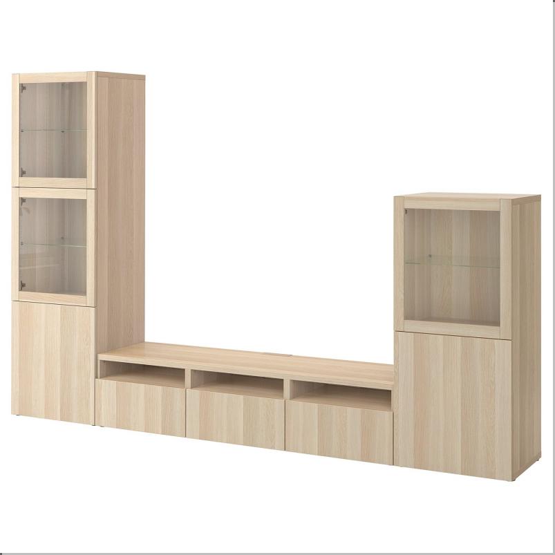 BESTÅ ベストー テレビボード/ガラス扉 - ホワイトステインオーク調/ラップヴィーケン ホワイトステインオーク調 クリアガラス 300x42x193 cm