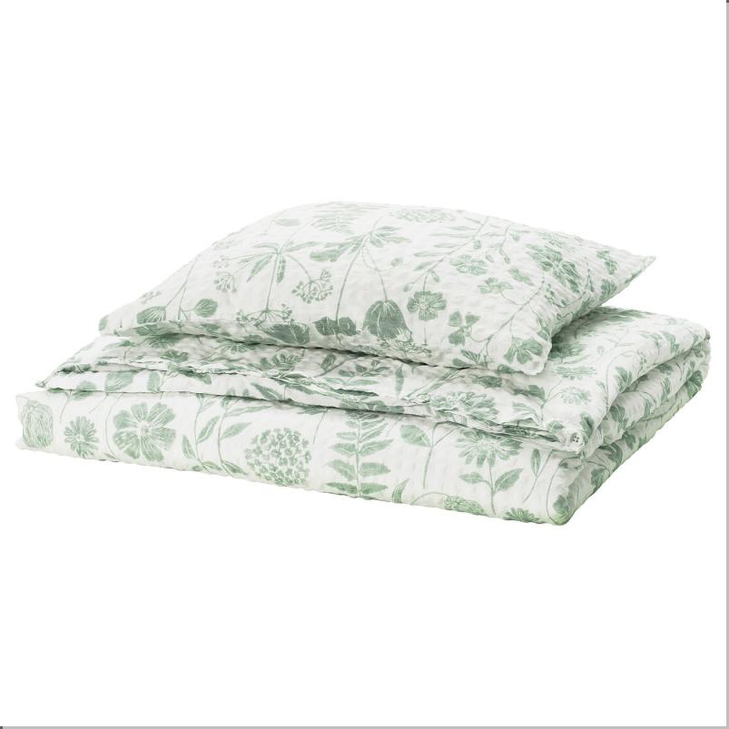 NALBJORNBAR ノールビョーンベール 掛け布団カバー＆枕カバー - ホワイト グレーグリーン/フローラルパターン 150x200/50x60cm