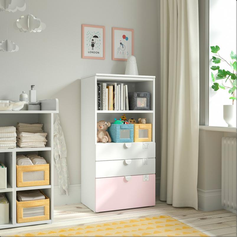 SMASTAD スモースタード / PLATSA プラッツァ 本棚 - ホワイト ペールピンク/引き出し3段付き 60x42x123cm
