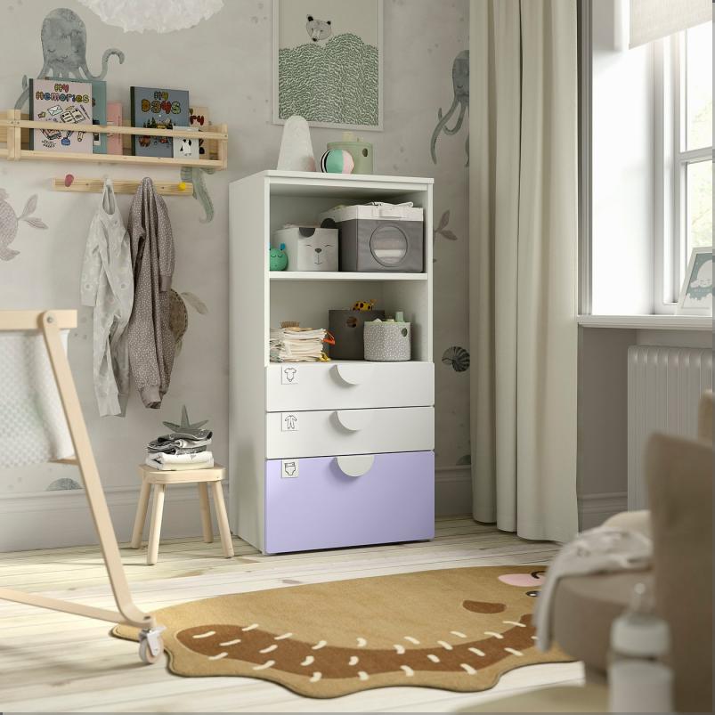 SMASTAD スモースタード / PLATSA プラッツァ 本棚 - ホワイト ライラック/引き出し3段付き 60x42x123cm