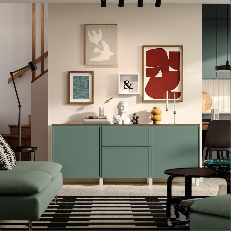 BESTA ベストー 収納コンビネーション 引き出し付 - ホワイト/クルークマカーレ ダークグレーグリーン 180x42x75cm