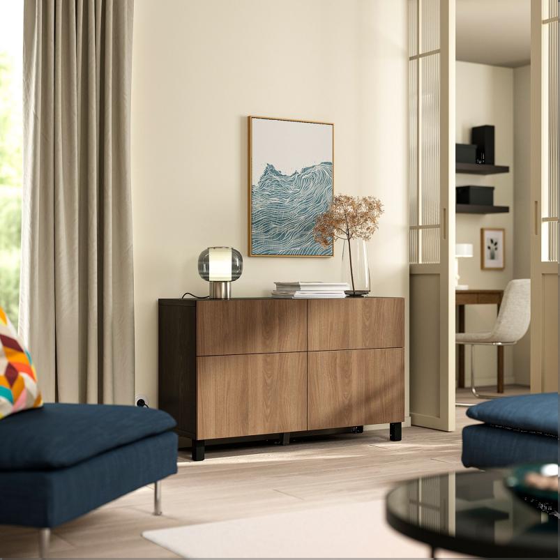 BESTA ベストー 収納コンビネーション 扉/引き出し付き - ブラックブラウン/ラップヴィーケン/ストゥッバルプ ウォールナット調 120x42x74cm