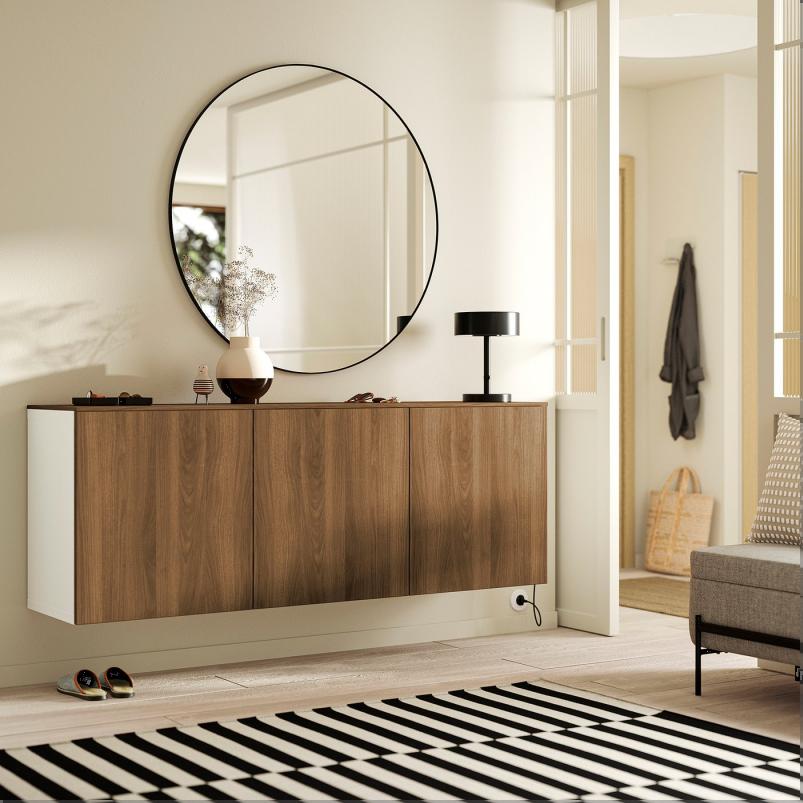 BESTA ベストー 壁取り付け式キャビネットコンビネーション - ホワイト/ラップヴィーケン ウォールナット調 180x42x65cm