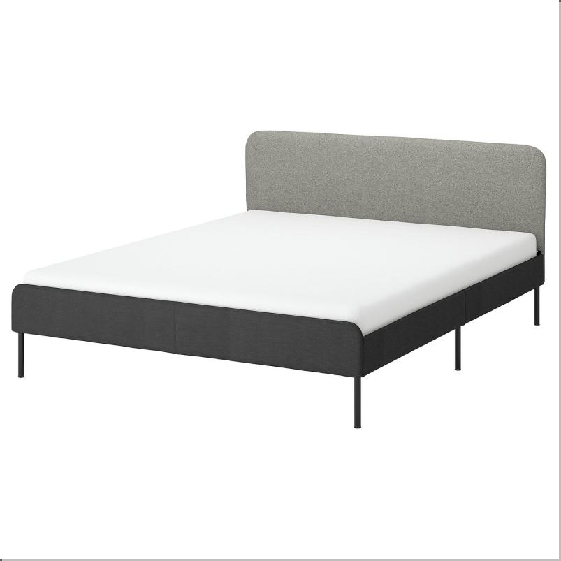 SLATTUM スラットゥム ファブリックベッドフレーム - ヴィースレ ダークグレー/ヘッドボード用カバー付き エレリュッド グレー/ベージュ 140x200cm