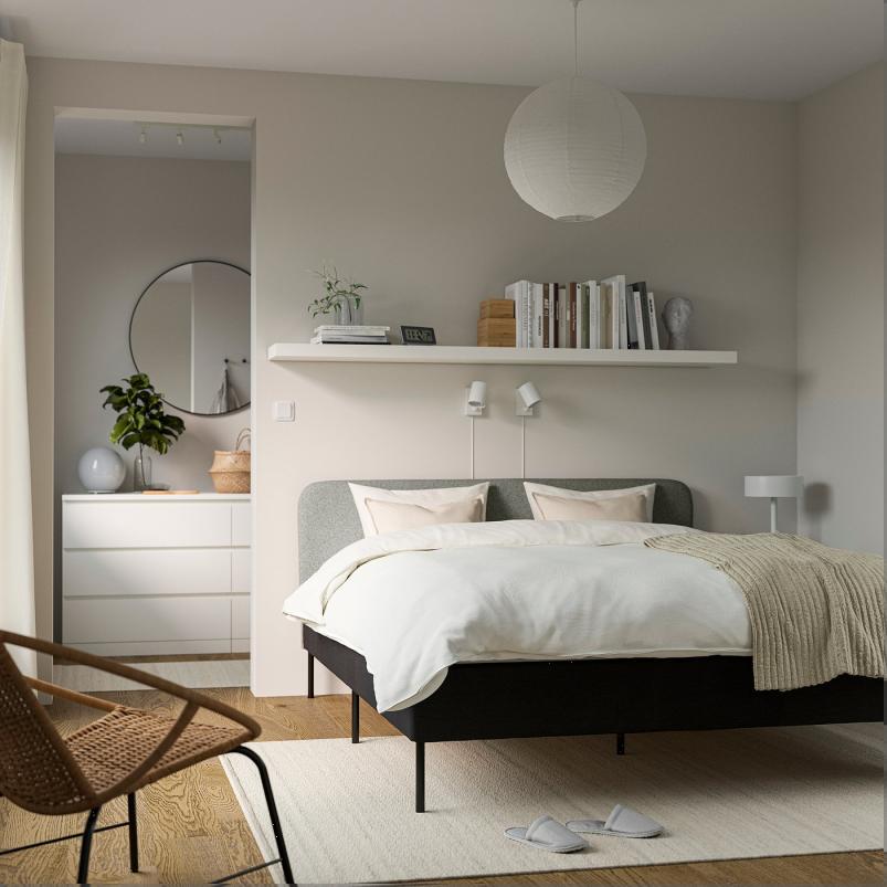 SLATTUM スラットゥム ファブリックベッドフレーム - ヴィースレ ダークグレー/ヘッドボード用カバー付き エレリュッド グレー/ベージュ 140x200cm