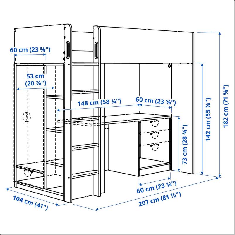 SMASTAD スモースタード ロフトベッドフレーム デスク＆収納付き - ホワイト 90x200cm