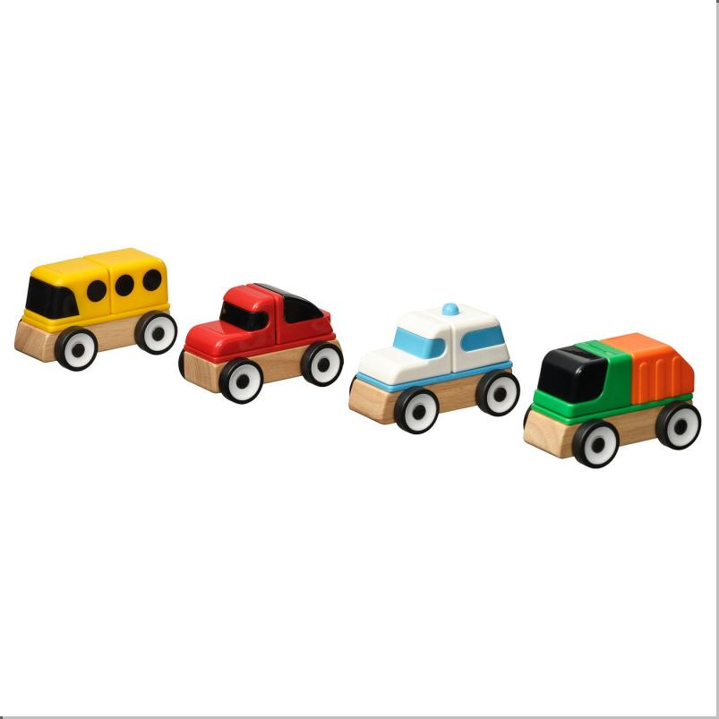 LILLABO リラブー 乗り物セット 4点 - スポーツカー/スクールバス リサイクル収集車/パトカー/マルチカラー