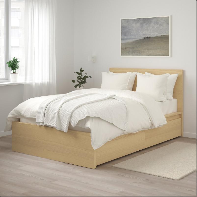 MALM マルム ベッドフレーム 収納ボックス2個付き - ホワイトステインオーク材突き板/ルーローイ 120x200cm
