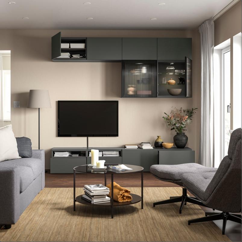 BESTA ベストー テレビボード/ガラス扉 - ダークグレー ラップヴィーケン/フェルスヴィーク チャコール 240x42x231cm