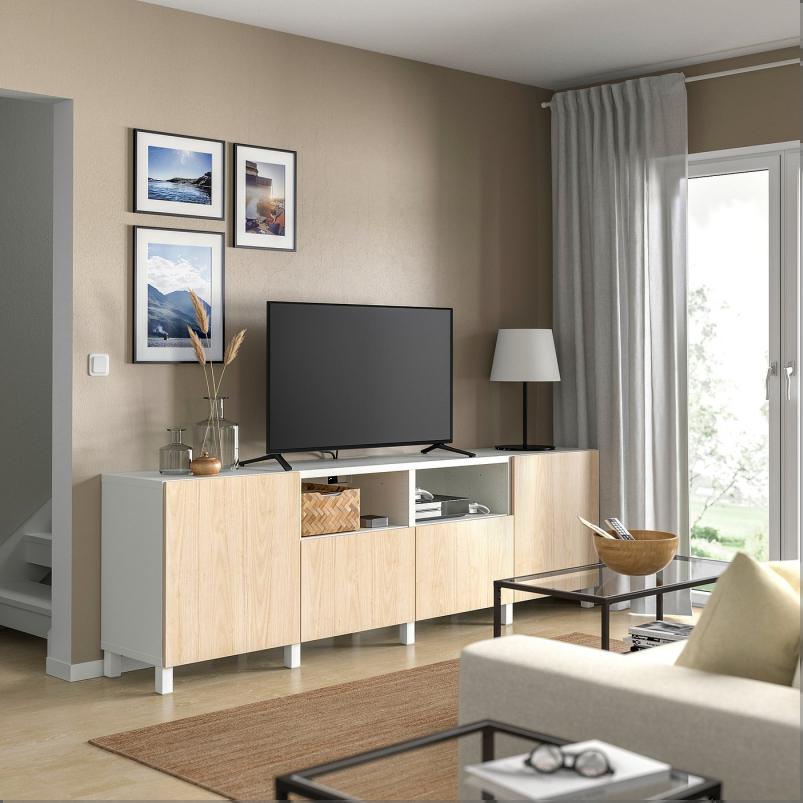 BESTA ベストー テレビ台 扉&引き出し付き - ホワイト/フェーンリク/ストゥッバルプ アッシュ 240x42x74cm