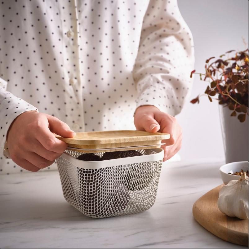 IKEA 365+ 食品保存バスケット ふた付き - 正方形 メタル/ホワイト 竹 15x15x11cm