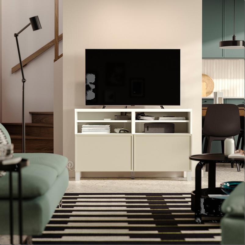 BESTA ベストー テレビ台 扉付き - ホワイト/クルークマカーレ ベージュ 120x42x74cm
