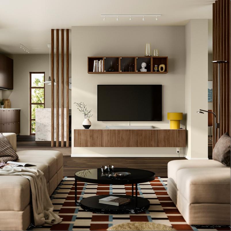 BESTA ベストー テレビ台 扉付き - ホワイト/ラップヴィーケン ウォールナット調 240x42x38cm