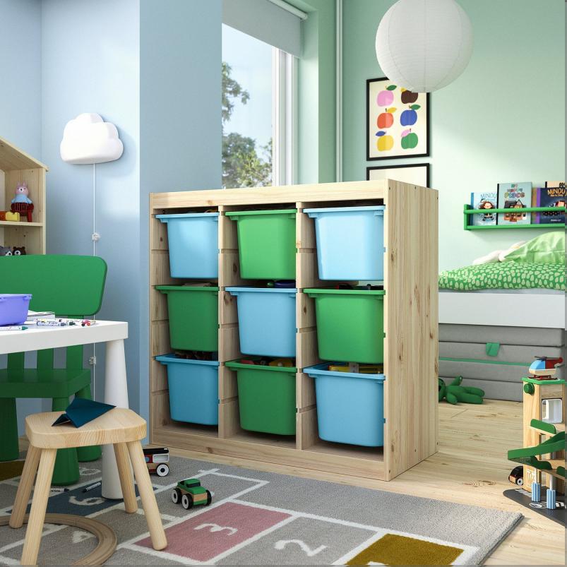 TROFAST トロファスト 収納コンビネーション - ルームディバイダ― ライトホワイトステインパイン/ライトブルー ブライトグリーン 93x44x91cm