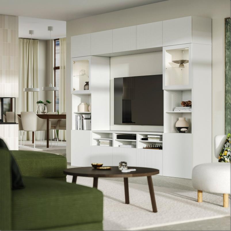 BESTÅ ベストー テレビボード/ガラス扉 - ホワイト/フォーヴァルタレ ホワイト 300x42x231 cm