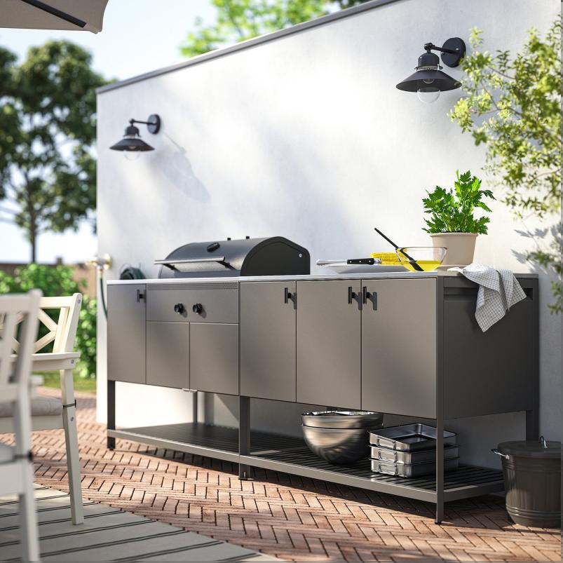 BATSKAR ボートシェール 屋外用キッチン 炭火焼きバーベキューグリル付き - ダークグレー 240x60cm