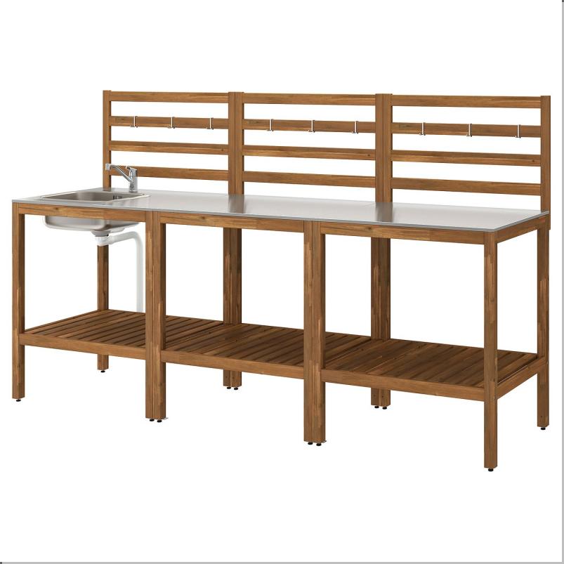 NAMMARO ネッマロー アウトドア用キッチン シンクユニット付き - ライトブラウンステイン/ステンレススチール 240x62cm